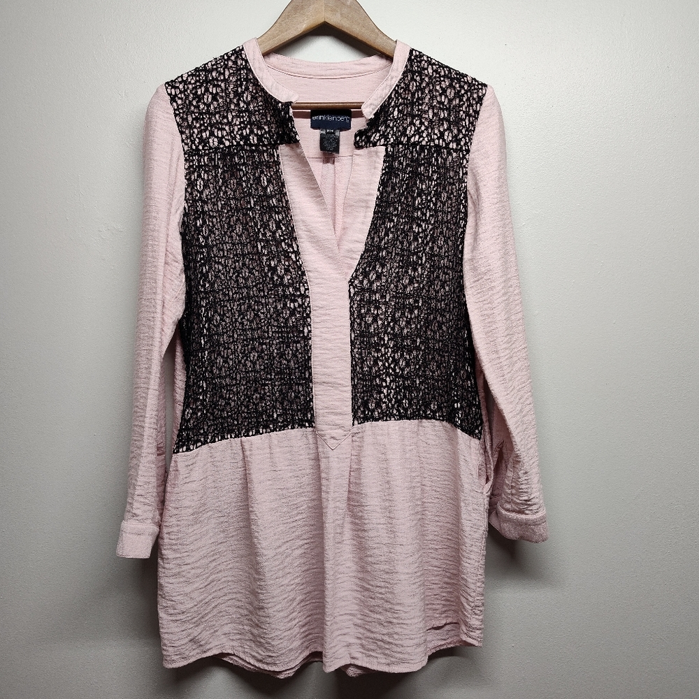 Erin Kleinberg Tunic Top Women Size M Pink Black Long Sleeve Relaxed Fit Casual